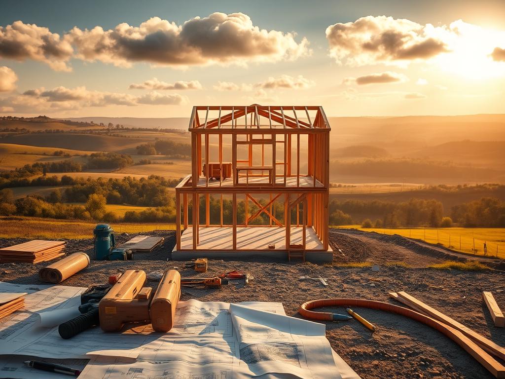 A detailed, step-by-step instruction manual for building a house from scratch. A sprawling construction site in the foreground, with architectural blueprints, power tools, and building materials neatly arranged. In the middle ground, a partially constructed frame of a two-story house, bathed in warm, golden sunlight filtering through fluffy clouds. The background depicts a picturesque rural landscape, rolling hills dotted with trees and a distant horizon. The scene conveys a sense of progress, industry, and the satisfaction of hands-on DIY home construction. Crisp, high-resolution photorealistic rendering with a cinematic depth of field. A detailed, step-by-step instruction manual for building a house from scratch. A sprawling construction site in the foreground, with architectural blueprints, power tools, and building materials neatly arranged. In the middle ground, a partially constructed frame of a two-story house, bathed in warm, golden sunlight filtering through fluffy clouds. The background depicts a picturesque rural landscape, rolling hills dotted with trees and a distant horizon. The scene conveys a sense of progress, industry, and the satisfaction of hands-on DIY home construction. Crisp, high-resolution photorealistic rendering with a cinematic depth of field.