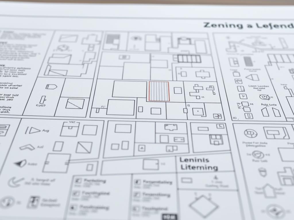 A detailed, technical architectural illustration of a "Bebauungsplan Legende" (zoning plan legend). The scene depicts a clean, minimalist layout with geometric shapes, lines, and symbols neatly arranged on a grid. The lighting is soft and even, creating a professional, technical atmosphere. The camera angle is slightly elevated, providing a clear overview of the legend elements. The composition emphasizes the hierarchical structure and intuitive organization of the legend, highlighting its role in interpreting a zoning plan. The color palette is muted, focusing attention on the clarity and legibility of the shapes and symbols. Overall, the image conveys the importance of the legend in understanding the complexities of urban planning and development. A detailed, technical architectural illustration of a "Bebauungsplan Legende" (zoning plan legend). The scene depicts a clean, minimalist layout with geometric shapes, lines, and symbols neatly arranged on a grid. The lighting is soft and even, creating a professional, technical atmosphere. The camera angle is slightly elevated, providing a clear overview of the legend elements. The composition emphasizes the hierarchical structure and intuitive organization of the legend, highlighting its role in interpreting a zoning plan. The color palette is muted, focusing attention on the clarity and legibility of the shapes and symbols. Overall, the image conveys the importance of the legend in understanding the complexities of urban planning and development.