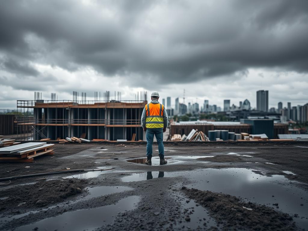 A gloomy, overcast sky looms over a half-constructed building site. Scaffolding and building materials lie scattered, suggesting a pause in construction due to inclement weather. Puddles of rainwater dot the muddy ground, and a light drizzle falls, creating a somber, atmospheric scene. In the middle ground, a lone worker in a bright safety vest stands, their posture conveying frustration or resignation at the weather's impact on the project's progress. The background features a blurred cityscape, hinting at the broader context of the construction delay. The image evokes a sense of the challenges and setbacks that weather can bring to building projects, aligning with the article's subject of "Witterungseinflüsse und ihre Auswirkungen".