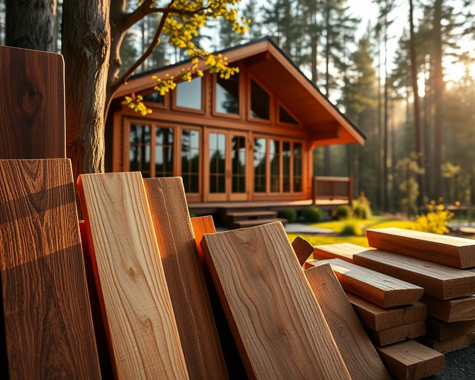 A harmonious collection of various wood types, arranged artistically to showcase their unique textures and colors. In the foreground, display rich mahogany, light birch, and warm cedar samples, highlighting their grains. The middle ground features an elegant wooden bungalow made of these woods, with large windows reflecting the sunlight. In the background, a serene forest setting is visible, bathed in soft, golden hour lighting. The scene conveys a tranquil, inviting atmosphere with a gentle breeze rustling the leaves. Use a wide-angle lens to capture the depth, focusing on the interplay of natural light and shadow, enhancing the organic feel of the wood materials. The overall mood is warm, welcoming, and inspiring, perfect for representing the best materials for a wooden bungalow. A harmonious collection of various wood types, arranged artistically to showcase their unique textures and colors. In the foreground, display rich mahogany, light birch, and warm cedar samples, highlighting their grains. The middle ground features an elegant wooden bungalow made of these woods, with large windows reflecting the sunlight. In the background, a serene forest setting is visible, bathed in soft, golden hour lighting. The scene conveys a tranquil, inviting atmosphere with a gentle breeze rustling the leaves. Use a wide-angle lens to capture the depth, focusing on the interplay of natural light and shadow, enhancing the organic feel of the wood materials. The overall mood is warm, welcoming, and inspiring, perfect for representing the best materials for a wooden bungalow.