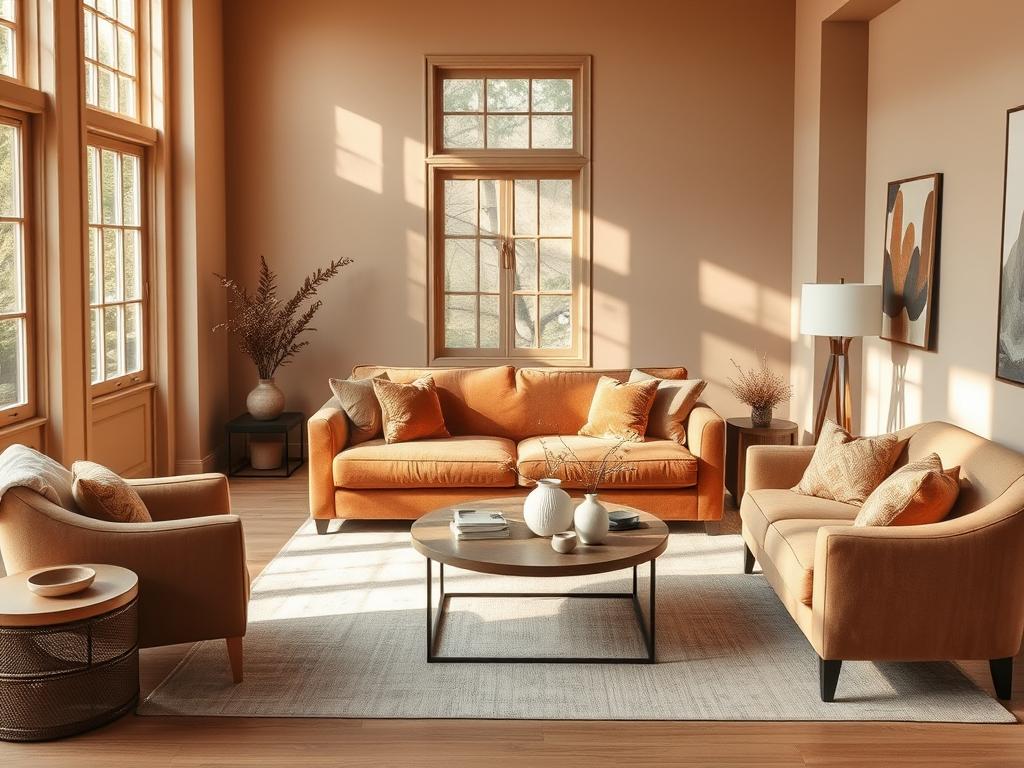 A harmonious living room in a sophisticated tone-on-tone color palette. The space is flooded with warm, natural light filtering through large windows, casting a gentle glow on the meticulously curated furnishings. A plush, earthy-toned sofa takes center stage, complemented by a pair of armchairs in a complementary hue. Soft, textured fabrics, such as velvet and linen, adorn the seating, creating a cozy and inviting ambiance. Accents of wood, metal, and ceramic accessories are strategically placed, adding depth and visual interest to the room. The overall atmosphere is one of refined elegance and tranquility, perfect for showcasing a harmonious tone-on-tone color palette in a living room setting. A harmonious living room in a sophisticated tone-on-tone color palette. The space is flooded with warm, natural light filtering through large windows, casting a gentle glow on the meticulously curated furnishings. A plush, earthy-toned sofa takes center stage, complemented by a pair of armchairs in a complementary hue. Soft, textured fabrics, such as velvet and linen, adorn the seating, creating a cozy and inviting ambiance. Accents of wood, metal, and ceramic accessories are strategically placed, adding depth and visual interest to the room. The overall atmosphere is one of refined elegance and tranquility, perfect for showcasing a harmonious tone-on-tone color palette in a living room setting.