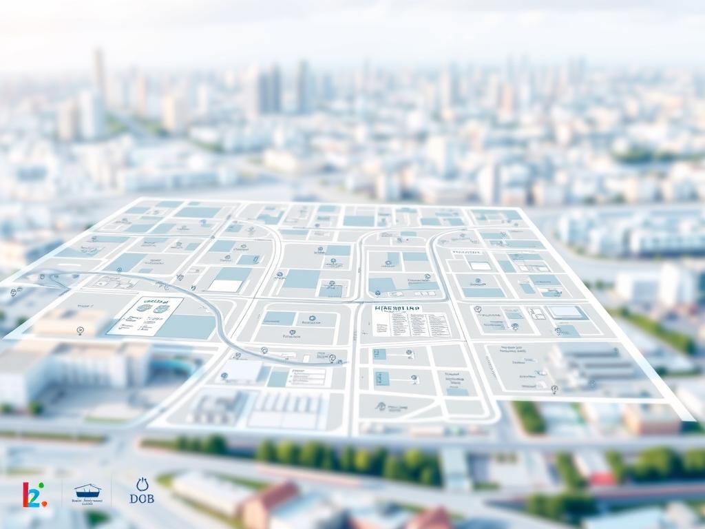 A high-resolution, detailed digital illustration of a modern Bebauungsplan Legende. The foreground depicts various symbols and icons representing different land use zones, transportation routes, and infrastructure elements. The middle ground showcases a clean, minimalist layout with precise geometric shapes and a harmonious color palette of blues, grays, and whites. The background features a soft, blurred city skyline, suggesting the integration of this Bebauungsplan Legende within an urban context. The overall mood is one of professionalism, clarity, and technological sophistication, reflecting the digital nature of this urban planning tool in the modern era.