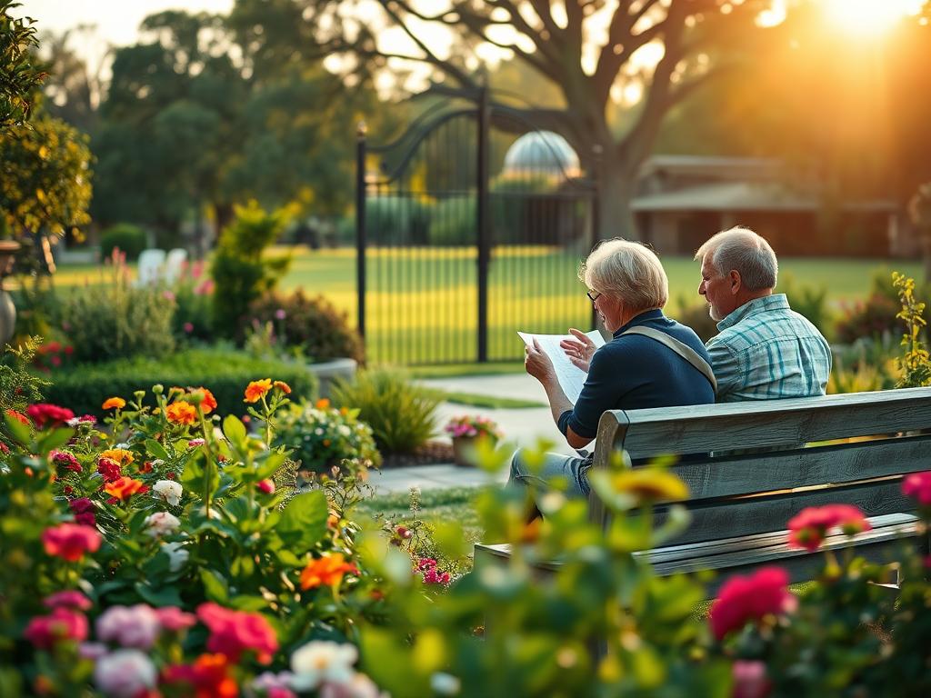 A lush garden in soft focus, with a couple discussing landscape plans under the warm glow of a late afternoon sun. In the foreground, vibrant flower beds and verdant foliage create a sense of tranquility. The middle ground features a weathered wooden bench, where the gardeners sit, hands gesturing animatedly as they navigate common gardening challenges. In the background, a wrought-iron garden gate frames a distant glimpse of a manicured lawn and towering oak trees. The scene exudes a feeling of collaborative problem-solving, with a touch of rustic charm.