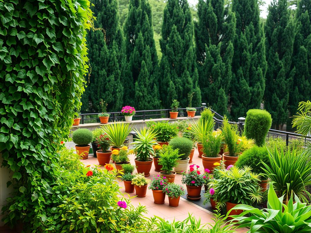 A lush terrace garden brimming with vibrant, verdant foliage. In the foreground, a vibrant mix of trailing vines, dense shrubs, and colorful flowering plants cascade over the edge of the terrace, creating a verdant oasis. The middle ground features a variety of potted plants in varying sizes and shapes, arranged in a harmonious composition. In the background, a row of towering, stately trees provides a natural backdrop, casting gentle shadows that play across the scene. The lighting is soft and diffused, creating a warm, inviting atmosphere. The camera angle is slightly elevated, offering a panoramic view of the well-curated, thriving terrace garden.