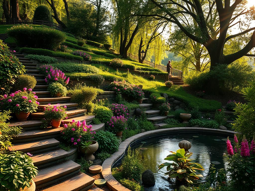 A lush, terraced garden nestled in a serene, sun-dappled landscape. Vibrant foliage cascades down stone steps, creating a verdant, multi-tiered oasis. Fragrant flowers dot the scene, their petals gently swaying in a soft breeze. A tranquil pond reflects the surrounding greenery, its surface interrupted by the gentle ripples of a hidden water feature. Warm, golden light filters through the trees, casting a cozy, inviting glow over the entire scene. The viewer is drawn into this peaceful, private retreat, a sanctuary of natural beauty and tranquility. A lush, terraced garden nestled in a serene, sun-dappled landscape. Vibrant foliage cascades down stone steps, creating a verdant, multi-tiered oasis. Fragrant flowers dot the scene, their petals gently swaying in a soft breeze. A tranquil pond reflects the surrounding greenery, its surface interrupted by the gentle ripples of a hidden water feature. Warm, golden light filters through the trees, casting a cozy, inviting glow over the entire scene. The viewer is drawn into this peaceful, private retreat, a sanctuary of natural beauty and tranquility.