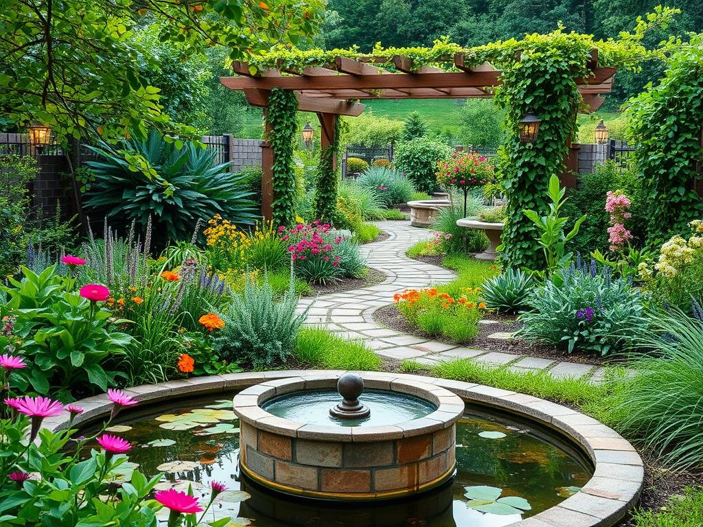 A lush, verdant garden landscape showcasing sustainable design principles. In the foreground, a serene water feature surrounded by native flora, including vibrant blooms and lush greenery. The middle ground features winding pathways lined with permeable paving, allowing rainwater infiltration. In the background, a beautifully crafted pergola structure, draped with climbing vines, provides shaded respite. Warm, soft lighting illuminates the scene, creating a tranquil ambiance. The overall composition emphasizes harmony between the built and natural elements, reflecting the principles of sustainable landscaping.