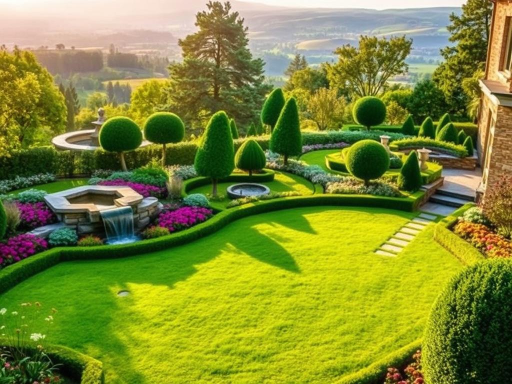 A lush, verdant garden landscape with an elegant design showcasing the essential skills of landscape architects. In the foreground, a well-manicured lawn framed by vibrant flower beds and neatly trimmed hedges. Cascading water features create a soothing ambiance, while stone pathways wind through the scene, inviting exploration. In the middle ground, expertly pruned trees and shrubs provide depth and visual interest. The background features a panoramic view of rolling hills, hinting at the breadth of knowledge required to harmonize nature and design. Warm, golden sunlight filters through, casting a serene glow over the entire composition. Overall, the image conveys the harmony, creativity, and technical expertise at the heart of successful landscape architecture. A lush, verdant garden landscape with an elegant design showcasing the essential skills of landscape architects. In the foreground, a well-manicured lawn framed by vibrant flower beds and neatly trimmed hedges. Cascading water features create a soothing ambiance, while stone pathways wind through the scene, inviting exploration. In the middle ground, expertly pruned trees and shrubs provide depth and visual interest. The background features a panoramic view of rolling hills, hinting at the breadth of knowledge required to harmonize nature and design. Warm, golden sunlight filters through, casting a serene glow over the entire composition. Overall, the image conveys the harmony, creativity, and technical expertise at the heart of successful landscape architecture.
