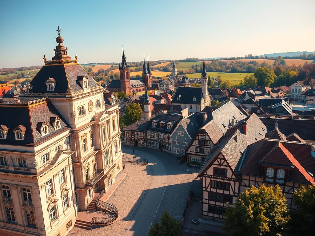 A majestic architectural symphony showcasing the rich diversity of German building styles. In the foreground, a grand Baroque palace stands tall, its ornate facades and sweeping roofs bathed in warm, golden light. In the middle ground, a picturesque medieval town emerges, with half-timbered houses, towering spires, and cobblestone streets. Beyond, the rolling hills are dotted with sturdy Bauhaus villas, their clean lines and geometric forms creating a harmonious contrast. The scene is captured through a wide-angle lens, offering a panoramic view that celebrates the harmonious blend of traditional and modern elements that define the architectural heritage of Germany.