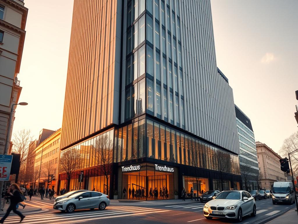 A majestic, modern building stands proud in the heart of Neumarkt, its sleek, minimalist facade bathed in warm, golden light. Trendhaus Neumarkt, a beacon of contemporary design, is captured from a low angle, emphasizing its towering presence and inviting glass entrance. The surrounding area is bustling with activity, with pedestrians and vehicles moving through the frame, creating a sense of energy and vitality. The image conveys a sense of sophistication and success, reflecting the thriving business that calls this building home. A majestic, modern building stands proud in the heart of Neumarkt, its sleek, minimalist facade bathed in warm, golden light. Trendhaus Neumarkt, a beacon of contemporary design, is captured from a low angle, emphasizing its towering presence and inviting glass entrance. The surrounding area is bustling with activity, with pedestrians and vehicles moving through the frame, creating a sense of energy and vitality. The image conveys a sense of sophistication and success, reflecting the thriving business that calls this building home.