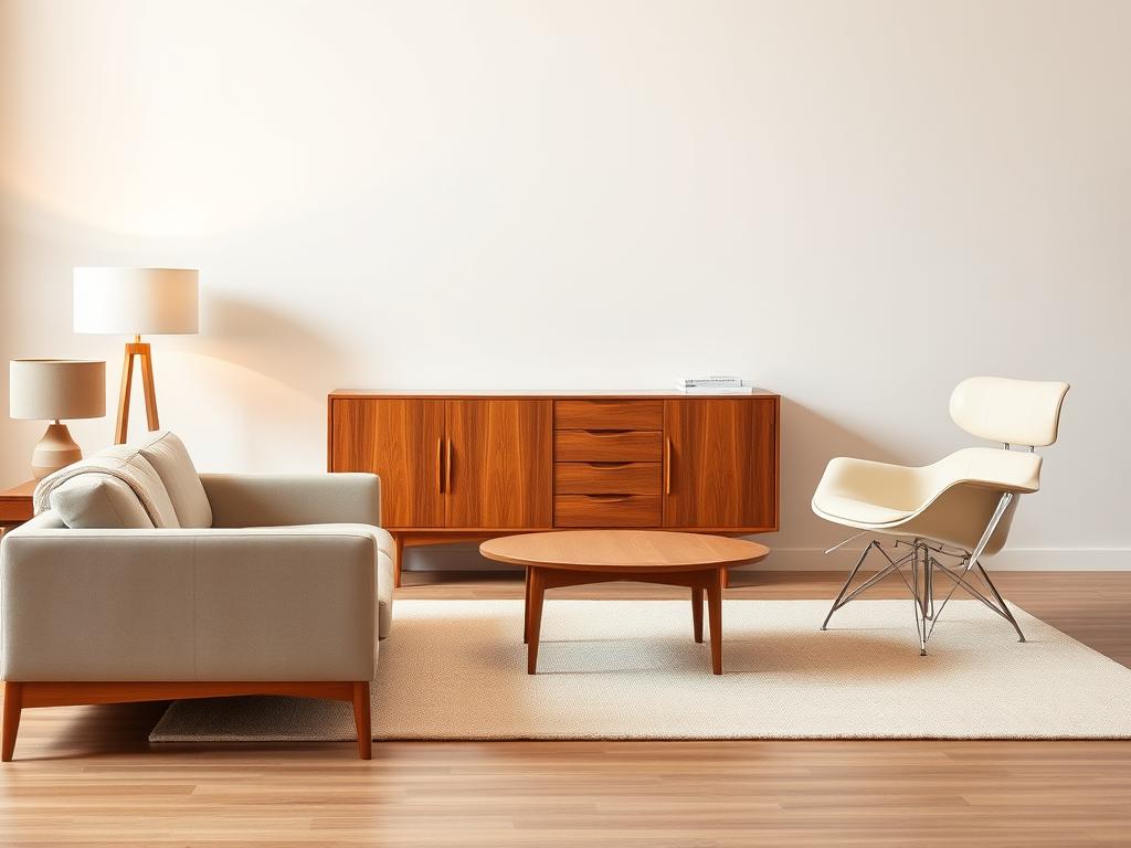 A meticulously designed Danish furniture arrangement, showcasing the minimalist elegance and clean lines that define the Nordic aesthetic. In the foreground, a sleek, mid-century modern sofa in a neutral tone, accented by a wooden side table with a simple, geometric lamp. In the middle ground, a low, teak credenza with subtle detailing, paired with a pair of iconic Eames chairs in soft, natural shades. The background features a neutral-toned wall, allowing the furniture to take center stage, bathed in warm, diffused lighting that highlights the intricate wood grains and soft textures. The overall composition exudes a sense of timeless sophistication and functional harmony, embodying the hallmarks of Danish design. A meticulously designed Danish furniture arrangement, showcasing the minimalist elegance and clean lines that define the Nordic aesthetic. In the foreground, a sleek, mid-century modern sofa in a neutral tone, accented by a wooden side table with a simple, geometric lamp. In the middle ground, a low, teak credenza with subtle detailing, paired with a pair of iconic Eames chairs in soft, natural shades. The background features a neutral-toned wall, allowing the furniture to take center stage, bathed in warm, diffused lighting that highlights the intricate wood grains and soft textures. The overall composition exudes a sense of timeless sophistication and functional harmony, embodying the hallmarks of Danish design.