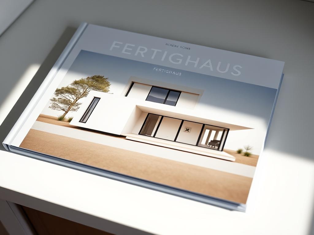 A meticulously designed modern home catalog cover, showcasing a sleek and minimalist Fertighaus (prefab) design. The cover features a crisp, architectural rendering of the home's exterior, with clean lines, large windows, and a neutral color palette that evokes a sense of sophistication. The image is captured with a slightly elevated perspective, allowing the viewer to appreciate the home's elegant proportions and integration with its surroundings. Soft, diffused lighting illuminates the scene, creating a warm and inviting atmosphere. The overall composition is balanced and visually striking, conveying the high-quality craftsmanship and thoughtful design principles that are hallmarks of the Fertighaus industry.