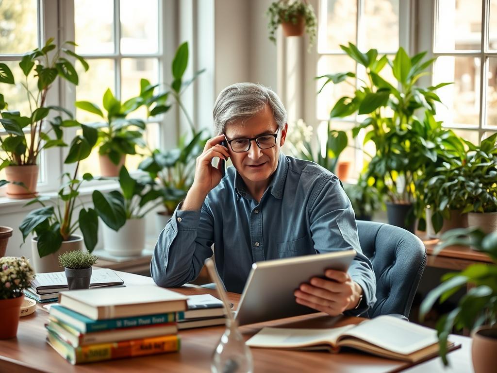 A middle-aged, professional-looking person sitting at a desk in a warm, sunlit home office, surrounded by lush houseplants and gardening books. The person has a focused, thoughtful expression as they consult a tablet or laptop, deep in conversation with a client over the phone. The scene conveys expertise, care, and a dedication to providing tailored gardening advice. Soft, natural lighting filters through large windows, creating a serene and inviting atmosphere. The overall composition and attention to detail suggest the importance of selecting the right gardening consultant. A middle-aged, professional-looking person sitting at a desk in a warm, sunlit home office, surrounded by lush houseplants and gardening books. The person has a focused, thoughtful expression as they consult a tablet or laptop, deep in conversation with a client over the phone. The scene conveys expertise, care, and a dedication to providing tailored gardening advice. Soft, natural lighting filters through large windows, creating a serene and inviting atmosphere. The overall composition and attention to detail suggest the importance of selecting the right gardening consultant.