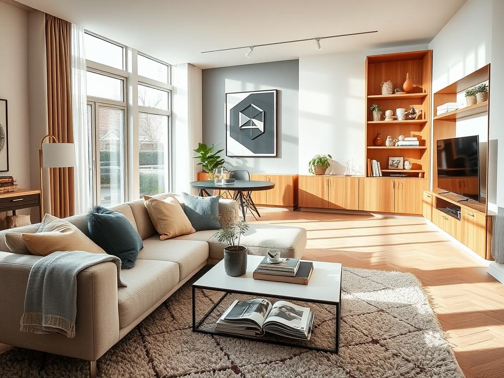 A modern and cozy living room showcasing the latest Wohndesign trends. In the foreground, a stylish sofa in a neutral tone sits atop a plush area rug, complemented by accent pillows in a mix of textures and patterns. In the middle ground, a minimalist coffee table displays a selection of design magazines and a potted plant, while floor-to-ceiling windows flood the space with natural light. The background features a feature wall with a geometric art piece and warm wooden shelving units displaying personal items and decorative accessories. The overall atmosphere is one of understated elegance and harmonious blend of form and function, reflecting a personalized and practical approach to interior design. A modern and cozy living room showcasing the latest Wohndesign trends. In the foreground, a stylish sofa in a neutral tone sits atop a plush area rug, complemented by accent pillows in a mix of textures and patterns. In the middle ground, a minimalist coffee table displays a selection of design magazines and a potted plant, while floor-to-ceiling windows flood the space with natural light. The background features a feature wall with a geometric art piece and warm wooden shelving units displaying personal items and decorative accessories. The overall atmosphere is one of understated elegance and harmonious blend of form and function, reflecting a personalized and practical approach to interior design.