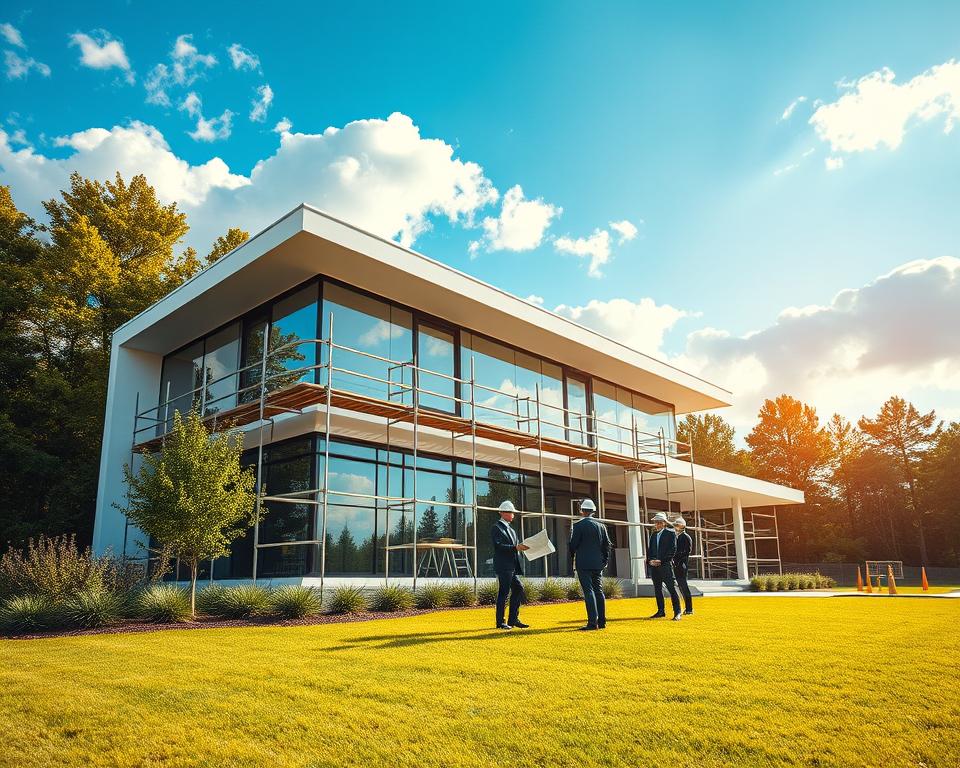 A modern architect-designed house stands prominently in the foreground, showcasing sleek lines and large glass windows reflecting the surrounding nature. The structure is set amidst a lush landscape with green trees and a manicured lawn, indicating the early stages of construction with scaffolding strategically placed around it. In the middle ground, workers in professional business attire are seen collaborating and discussing blueprints, emphasizing the teamwork involved in the building process. The background features a bright blue sky with fluffy white clouds, illuminating the scene with warm natural light, creating an inviting atmosphere. The angle captures the house from a slight diagonal perspective, enhancing its architectural features while conveying a sense of progress and creativity in the construction journey. A modern architect-designed house stands prominently in the foreground, showcasing sleek lines and large glass windows reflecting the surrounding nature. The structure is set amidst a lush landscape with green trees and a manicured lawn, indicating the early stages of construction with scaffolding strategically placed around it. In the middle ground, workers in professional business attire are seen collaborating and discussing blueprints, emphasizing the teamwork involved in the building process. The background features a bright blue sky with fluffy white clouds, illuminating the scene with warm natural light, creating an inviting atmosphere. The angle captures the house from a slight diagonal perspective, enhancing its architectural features while conveying a sense of progress and creativity in the construction journey.