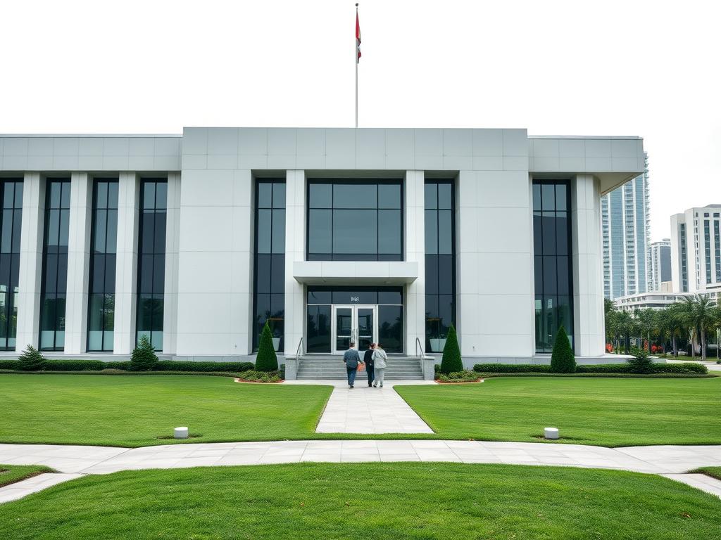 A modern government office building with a clean, minimalist facade in shades of gray and white. The structure features large windows, sleek lines, and a prominent entryway. In the foreground, a well-manicured lawn and path lead up to the building, creating a sense of order and professionalism. The middle ground showcases a few people walking towards the entrance, representing the bureaucratic process. In the background, a cityscape with high-rises and other office buildings suggests an urban setting. The lighting is cool and even, creating a sense of authority and efficiency. The overall tone is one of authority, organization, and the necessary steps required for obtaining official government approvals.