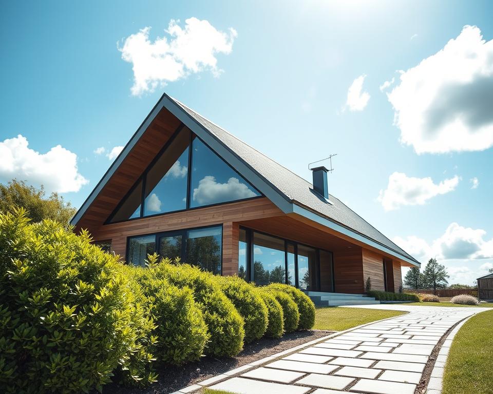 A modern, minimalist architecture scene showcasing the advantages of a pitched roof (Pultdach). In the foreground, a sleek, contemporary home with a striking angled roof, large windows reflecting sunlight, and sustainable materials like wood and glass. The middle ground features a well-maintained garden with green shrubs and a stone pathway leading up to the house, accentuating its welcoming atmosphere. In the background, a blue sky dotted with fluffy white clouds, casting soft, natural light that enhances the home's features. The angle should be slightly elevated, focusing on the roof's design, creating a sense of openness and serenity. The mood is bright and optimistic, highlighting the beauty and functionality of a pitched roof.