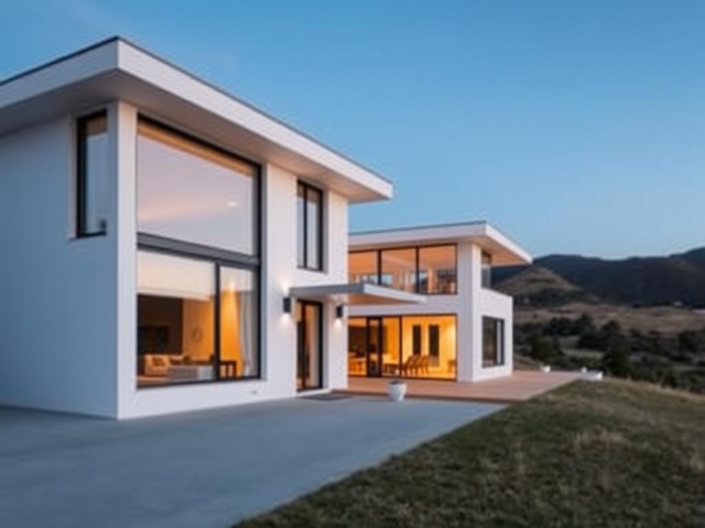 A modern, minimalist house with clean lines and large windows, set against a backdrop of rolling hills and a clear blue sky. The facade features a sleek, light-colored exterior, with a central entrance highlighted by a subtle canopy. The interior is visible through the expansive glazing, showcasing a well-planned layout with an open-concept design. The scene is illuminated by warm, natural lighting, creating a serene and inviting atmosphere. The overall composition conveys a sense of harmony between the built environment and the surrounding landscape, reflecting the careful planning and design process.