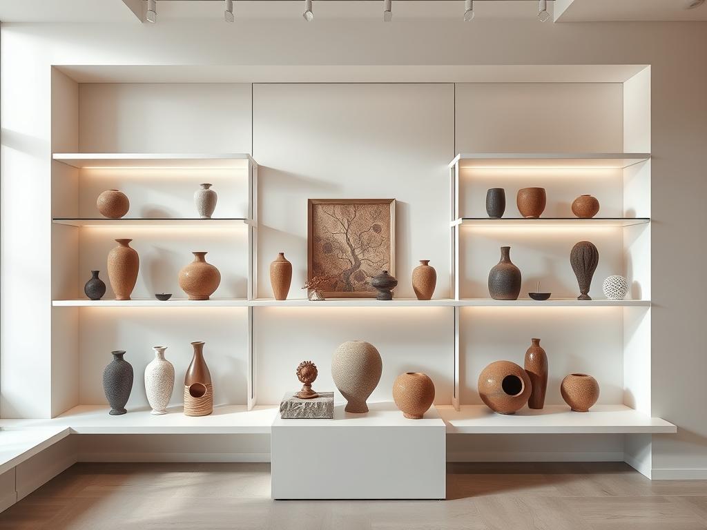 A modern, minimalist retail display showcasing a curated collection of high-end designer home decor items. The sleek, white shelving units feature a variety of elegant vases, sculptures, and ornaments thoughtfully arranged against a backdrop of soft, natural lighting and a muted, earthy color palette. The overall atmosphere evokes a sense of refined sophistication and artistic flair, reflecting the premium quality and creative vision of the designer products on display. A clean, uncluttered layout allows each piece to stand out, inviting the viewer to closely examine the intricate textures and craftsmanship. The carefully considered camera angle and depth of field draw the eye towards the central display, highlighting the harmony and cohesion of the designer decor ensemble. A modern, minimalist retail display showcasing a curated collection of high-end designer home decor items. The sleek, white shelving units feature a variety of elegant vases, sculptures, and ornaments thoughtfully arranged against a backdrop of soft, natural lighting and a muted, earthy color palette. The overall atmosphere evokes a sense of refined sophistication and artistic flair, reflecting the premium quality and creative vision of the designer products on display. A clean, uncluttered layout allows each piece to stand out, inviting the viewer to closely examine the intricate textures and craftsmanship. The carefully considered camera angle and depth of field draw the eye towards the central display, highlighting the harmony and cohesion of the designer decor ensemble.