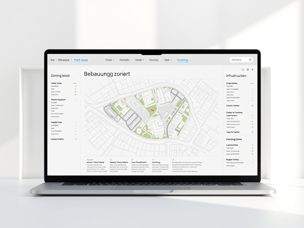 A modern, minimalistic web interface displaying a detailed Bebauungsplan (zoning plan) with clear, user-friendly navigation. The layout features a large central viewing area showcasing a technical, architectural blueprint-style rendering of the proposed development, complemented by informative sidebar panels providing key details like land usage, building heights, and infrastructure. Crisp, high-contrast colors and clean typography create a professional, government-approved aesthetic. Soft, diffused natural lighting casts subtle shadows, enhancing the depth and clarity of the digital plan. The scene conveys a sense of transparency, accessibility, and civic engagement, inviting the user to thoroughly examine the zoning information online.