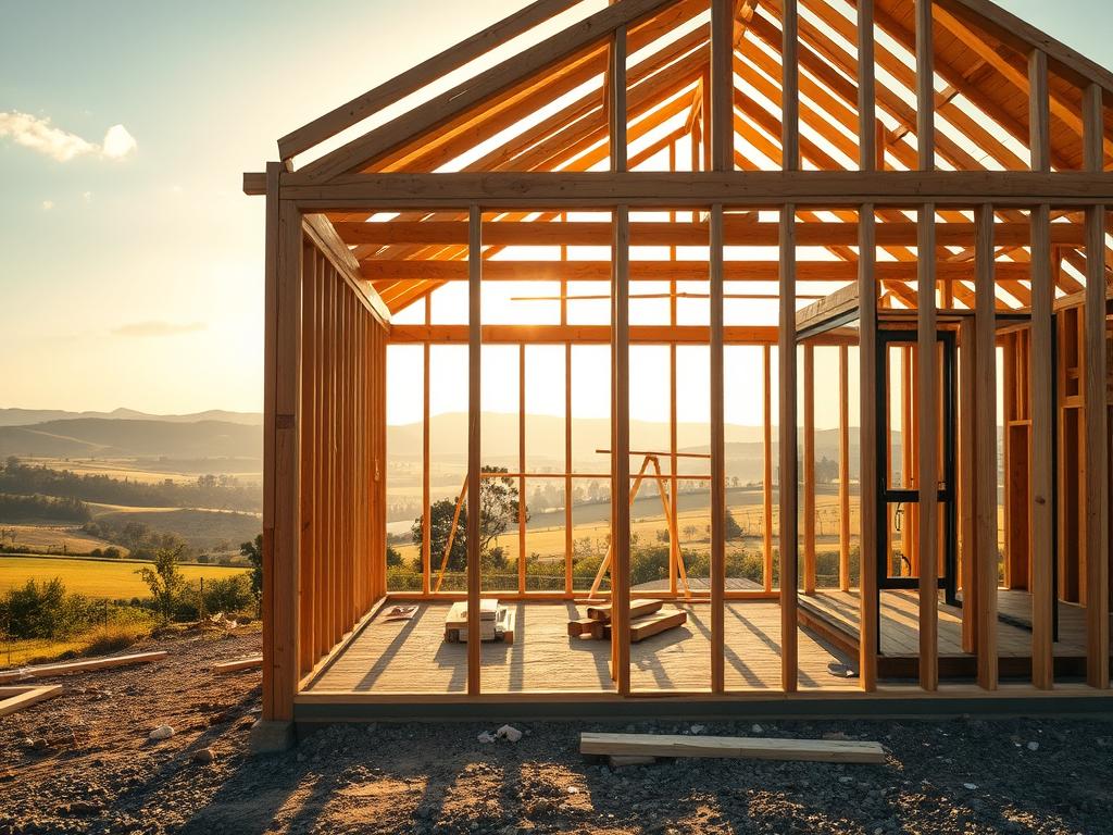 A modern prefabricated house under construction, captured in a wide-angle shot that showcases the architectural design and the construction process. The frame is made of sturdy wooden beams, and the exterior walls are being assembled with precision, revealing the intricate workmanship involved. The scene is bathed in warm, golden sunlight, casting soft shadows and highlighting the natural textures of the materials. In the background, a picturesque landscape with rolling hills and lush greenery provides a serene backdrop, conveying a sense of harmony between the man-made structure and the natural environment. The atmosphere is one of progress, efficiency, and the realization of a dream home. A modern prefabricated house under construction, captured in a wide-angle shot that showcases the architectural design and the construction process. The frame is made of sturdy wooden beams, and the exterior walls are being assembled with precision, revealing the intricate workmanship involved. The scene is bathed in warm, golden sunlight, casting soft shadows and highlighting the natural textures of the materials. In the background, a picturesque landscape with rolling hills and lush greenery provides a serene backdrop, conveying a sense of harmony between the man-made structure and the natural environment. The atmosphere is one of progress, efficiency, and the realization of a dream home.