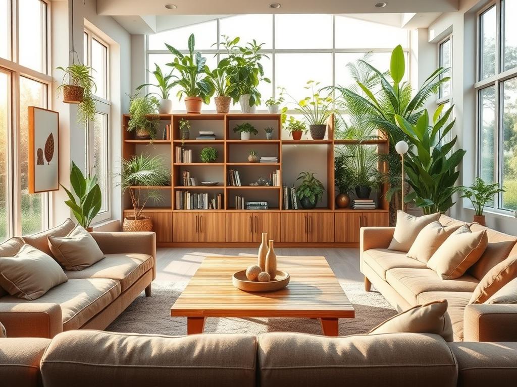 A modern, spacious living room with large windows bathed in warm, natural light. In the foreground, a stylish, sustainable bamboo coffee table surrounded by plush, earth-toned sofas. On the walls, hanging plants and minimalist, eco-friendly artwork. The middle ground features a sleek, wooden bookshelf filled with nature-themed books and decorative items made from renewable materials. In the background, a lush indoor garden with verdant foliage creates a tranquil, biophilic atmosphere. The overall scene conveys a sense of harmony, comfort, and environmental consciousness. A modern, spacious living room with large windows bathed in warm, natural light. In the foreground, a stylish, sustainable bamboo coffee table surrounded by plush, earth-toned sofas. On the walls, hanging plants and minimalist, eco-friendly artwork. The middle ground features a sleek, wooden bookshelf filled with nature-themed books and decorative items made from renewable materials. In the background, a lush indoor garden with verdant foliage creates a tranquil, biophilic atmosphere. The overall scene conveys a sense of harmony, comfort, and environmental consciousness.
