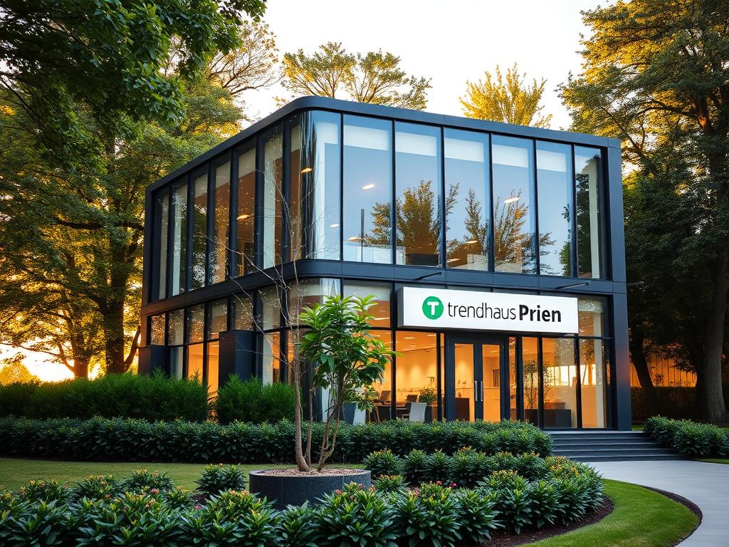 A modern, two-story commercial building with a sleek, minimalist facade of glass and steel. The structure is set against a backdrop of lush, verdant foliage, with a meticulously landscaped garden in the foreground. Warm, natural lighting filters through the large windows, creating a welcoming, inviting atmosphere. The building's signage prominently displays the "Trendhaus Prien" logo, reflecting its status as a thriving, innovative business hub. The overall composition conveys a sense of growth, progress, and a dynamic, forward-thinking approach to enterprise.