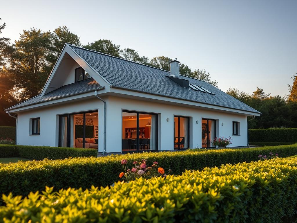 A modern, well-crafted German prefabricated house nestled in a lush, verdant landscape. The facade features clean, minimalist lines, with large windows that allow natural light to flood the interior. The roof is a sleek, gently sloping design, characteristic of the Fertighaus aesthetic. In the foreground, a carefully manicured garden with vibrant flowers and neatly trimmed hedges creates a serene, inviting atmosphere. A warm, golden hour light bathes the scene, casting soft shadows and lending a sense of tranquility. The overall impression is of a comfortable, energy-efficient dwelling that seamlessly blends with its natural surroundings, embodying the essence of the Fertighaus dream in Germany.
