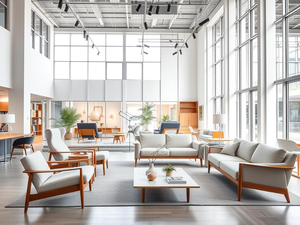 A modern, well-lit interior of a Scandinavian designer furniture showroom. The foreground features a selection of sleek, minimalist Danish-designed chairs, sofas, and coffee tables arranged in an inviting layout. The middle ground showcases tall, floor-to-ceiling windows that flood the space with natural light, creating a bright, airy ambiance. The background reveals additional furniture displays and a clean, uncluttered design aesthetic evocative of Nordic style. Soft neutral tones, natural wood accents, and a harmonious, serene color palette convey a sense of refined elegance and sophisticated Scandinavian design. A modern, well-lit interior of a Scandinavian designer furniture showroom. The foreground features a selection of sleek, minimalist Danish-designed chairs, sofas, and coffee tables arranged in an inviting layout. The middle ground showcases tall, floor-to-ceiling windows that flood the space with natural light, creating a bright, airy ambiance. The background reveals additional furniture displays and a clean, uncluttered design aesthetic evocative of Nordic style. Soft neutral tones, natural wood accents, and a harmonious, serene color palette convey a sense of refined elegance and sophisticated Scandinavian design.