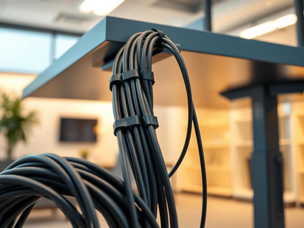 A neatly organized cable management system, showcasing a sleek and functional design. In the foreground, a meticulously arranged bundle of cables in shades of black and gray, secured with high-quality cable ties and clips, creating a visually appealing and streamlined appearance. The middle ground features a height-adjustable desk frame, with clean lines and a minimalist aesthetic, seamlessly integrating the cable management system. The background captures a modern, well-lit office space, with warm lighting and a subtle gradient that enhances the overall sense of professionalism and efficiency. The image conveys a sense of organization, attention to detail, and the integration of practical features that enhance the functionality of the height-adjustable desk. A neatly organized cable management system, showcasing a sleek and functional design. In the foreground, a meticulously arranged bundle of cables in shades of black and gray, secured with high-quality cable ties and clips, creating a visually appealing and streamlined appearance. The middle ground features a height-adjustable desk frame, with clean lines and a minimalist aesthetic, seamlessly integrating the cable management system. The background captures a modern, well-lit office space, with warm lighting and a subtle gradient that enhances the overall sense of professionalism and efficiency. The image conveys a sense of organization, attention to detail, and the integration of practical features that enhance the functionality of the height-adjustable desk.