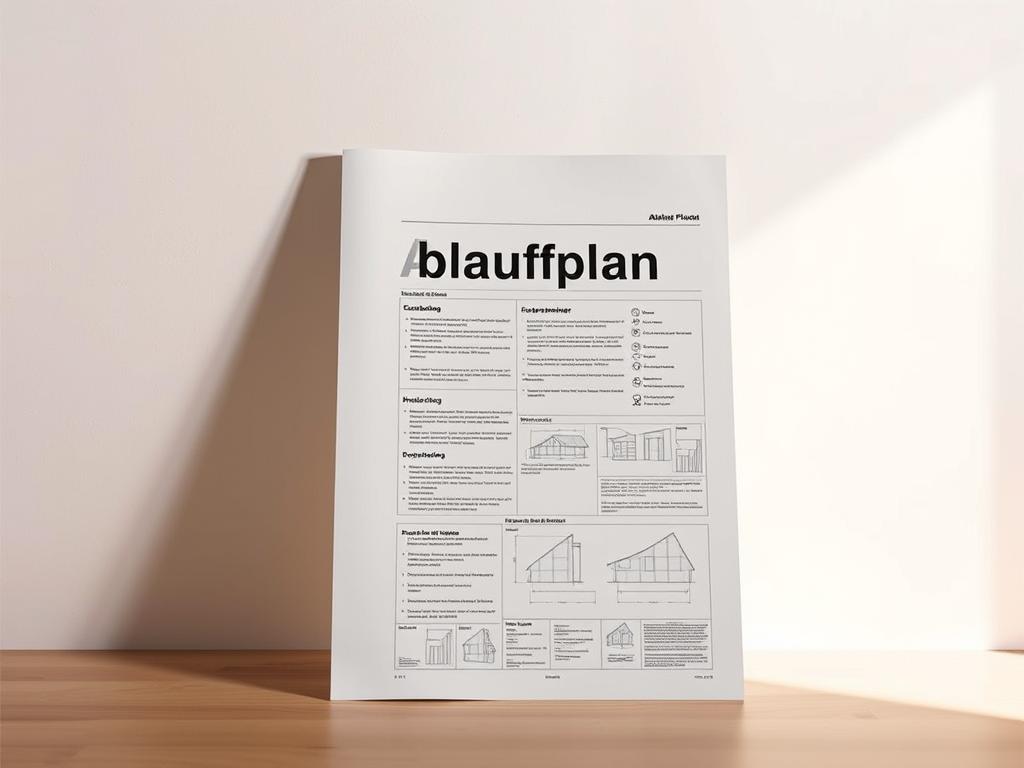 A neatly organized construction plan document, titled "Ablaufplan Hausbau PDF", presented against a clean, minimalistic backdrop. The document features a clear structure with headings, bullet points, and diagrams, conveying a sense of professional planning and attention to detail. The lighting is soft and diffused, creating a warm, inviting atmosphere. The camera angle captures the document at a slight angle, giving the image a dynamic, editorial feel. The overall composition balances the centrality of the document with negative space, allowing it to be the focal point while maintaining visual interest. A neatly organized construction plan document, titled "Ablaufplan Hausbau PDF", presented against a clean, minimalistic backdrop. The document features a clear structure with headings, bullet points, and diagrams, conveying a sense of professional planning and attention to detail. The lighting is soft and diffused, creating a warm, inviting atmosphere. The camera angle captures the document at a slight angle, giving the image a dynamic, editorial feel. The overall composition balances the centrality of the document with negative space, allowing it to be the focal point while maintaining visual interest.