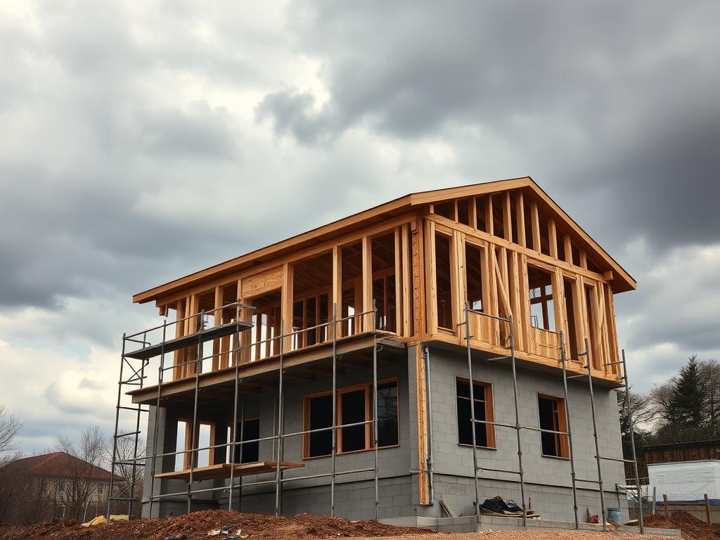 A partially-constructed two-story residential building stands against a backdrop of a cloudy gray sky. The exposed wooden beams and concrete foundation create a sense of industrial rawness, conveying the early stage of construction. Scaffolding surrounds the structure, hinting at the ongoing work. Warm sunlight filters through the gaps, casting dramatic shadows across the unfinished walls. The scene evokes a sense of anticipation, highlighting the transitory nature of the "Rohbau Dauer" - the period between the groundbreaking and the completed home. A partially-constructed two-story residential building stands against a backdrop of a cloudy gray sky. The exposed wooden beams and concrete foundation create a sense of industrial rawness, conveying the early stage of construction. Scaffolding surrounds the structure, hinting at the ongoing work. Warm sunlight filters through the gaps, casting dramatic shadows across the unfinished walls. The scene evokes a sense of anticipation, highlighting the transitory nature of the "Rohbau Dauer" - the period between the groundbreaking and the completed home.