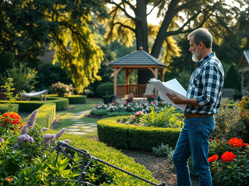 A peaceful garden scene, with a gardener thoughtfully consulting landscape plans on a clipboard. The foreground features lush greenery, vibrant flowers, and neatly pruned hedges. The middle ground showcases a well-tended flowerbed, surrounded by a stone pathway. In the background, a charming wooden gazebo stands amidst towering trees, casting a warm, dappled light across the scene. The overall composition conveys a sense of harmonious, professional garden design and the personalized guidance a gardener might provide. The mood is one of serenity, expertise, and the joy of cultivating an exceptional outdoor space. A peaceful garden scene, with a gardener thoughtfully consulting landscape plans on a clipboard. The foreground features lush greenery, vibrant flowers, and neatly pruned hedges. The middle ground showcases a well-tended flowerbed, surrounded by a stone pathway. In the background, a charming wooden gazebo stands amidst towering trees, casting a warm, dappled light across the scene. The overall composition conveys a sense of harmonious, professional garden design and the personalized guidance a gardener might provide. The mood is one of serenity, expertise, and the joy of cultivating an exceptional outdoor space.