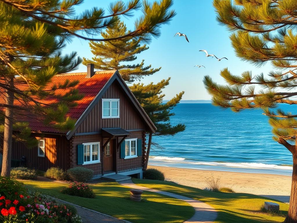 A picturesque Schwedenhaus nestled along the windswept shores of the Nordsee, its charming wooden facade and red-tiled roof bathed in soft, golden light. The foreground features a well-tended garden with vibrant flowers and a winding path leading to the inviting entryway. In the middle ground, the house is framed by tall, swaying pine trees, their verdant boughs creating a serene, natural backdrop. The background showcases the breathtaking expanse of the Nordsee, the waves gently lapping at the sandy beach as seabirds soar overhead against a clear, azure sky. The scene exudes a sense of tranquility, comfort, and the quintessential charm of traditional Northern German architecture.