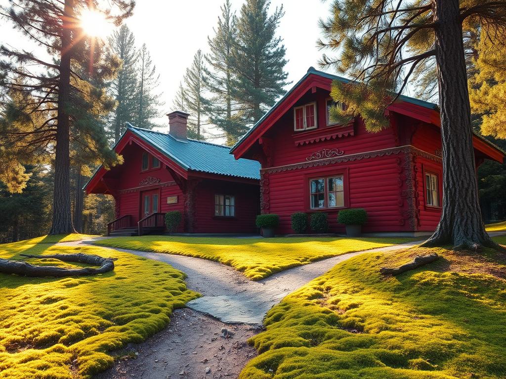 A picturesque Swedish wooden house nestled in a serene, forested landscape. The structure features traditional red-painted exterior walls, ornate wooden carvings, and a distinctive pitched roof with overhanging eaves. Sunlight filters through the surrounding pine trees, casting warm, golden tones across the scene. In the foreground, a small dirt path winds its way through the lush, moss-covered ground, inviting exploration. The overall impression is one of rustic charm, timeless elegance, and a harmonious blend of nature and architectural craft.