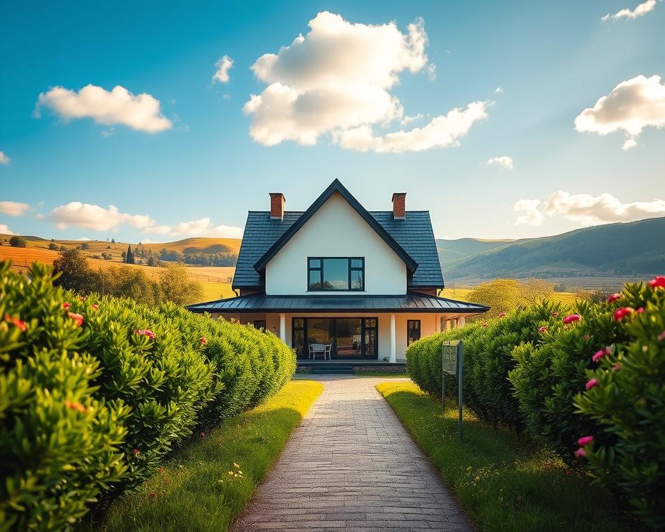 A picturesque landscape showcasing the advantages of a gable roof (Satteldach). In the foreground, a modern house with a striking gable roof, displaying symmetry and elegant angles, surrounded by vibrant green shrubs and blooming flowers. The middle ground features a clear blue sky with soft white clouds, illuminating the house and highlighting its architectural details. A pathway leads up to the house, inviting viewers to imagine living there. In the background, rolling hills add depth, suggesting a peaceful rural setting. The lighting is warm and inviting, creating a serene, harmonious atmosphere. The perspective is slightly elevated, enhancing the visual appeal of the gable roof's structure while maintaining a focus on the home’s aesthetic advantages.