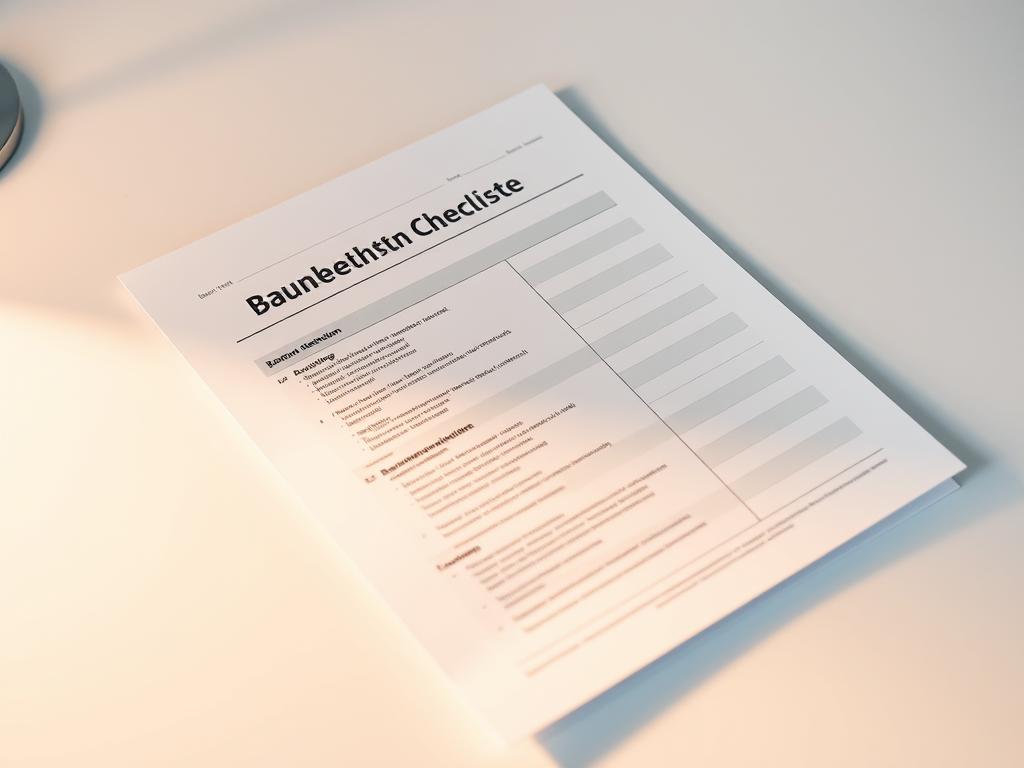 A professionally designed, high-quality PDF document titled "Baunebenkosten Checkliste" resting on a clean, minimalist desk. The document has a neatly organized structure with headings, bullet points, and clear sections. Warm, indirect lighting casts subtle shadows, creating a sense of depth and emphasizing the document's tactile quality. The background is a simple, neutral tone that allows the document to be the focal point. The composition is balanced and visually appealing, conveying a sense of efficiency and attention to detail. A professionally designed, high-quality PDF document titled "Baunebenkosten Checkliste" resting on a clean, minimalist desk. The document has a neatly organized structure with headings, bullet points, and clear sections. Warm, indirect lighting casts subtle shadows, creating a sense of depth and emphasizing the document's tactile quality. The background is a simple, neutral tone that allows the document to be the focal point. The composition is balanced and visually appealing, conveying a sense of efficiency and attention to detail.