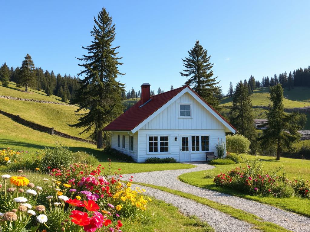 A quaint Swedish countryside scene, with a charming wooden Scandinavian-style house nestled among rolling hills. The house features a red-tiled roof, white-painted wooden siding, and large windows that let in abundant natural light. In the foreground, a well-tended garden bursts with colorful flowers, while a gravel path leads towards the home's inviting entrance. Towering pine trees and a cloudless blue sky create a peaceful, serene atmosphere, evoking the tranquility of rural Sweden. The composition is balanced, with the house as the focal point, surrounded by lush greenery and a sense of harmony between the built and natural elements.