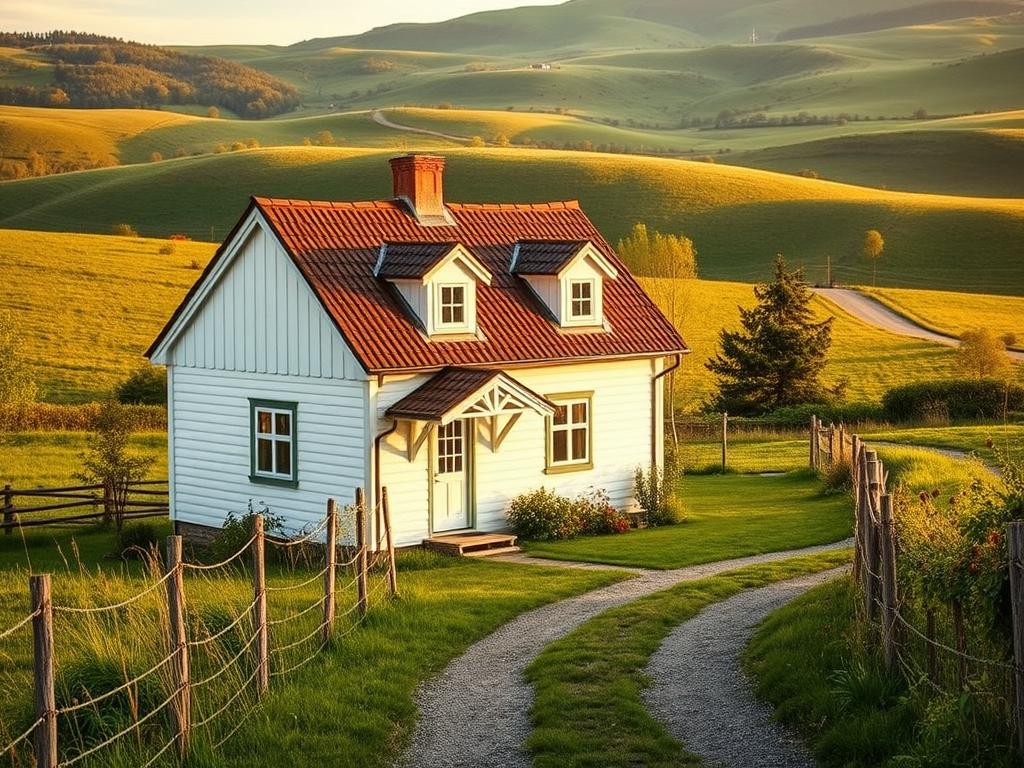 A quaint Swedish-style house nestled in a picturesque rural setting, with a gabled roof, white-washed wooden siding, and charming dormers. The house is surrounded by a lush, verdant landscape, with rolling hills in the background and a winding path leading up to the front door. Soft, warm lighting bathes the scene, creating a cozy and inviting atmosphere. The camera angle captures the house from a slightly elevated perspective, showcasing its charming architectural details and the serene natural environment that complements it perfectly.