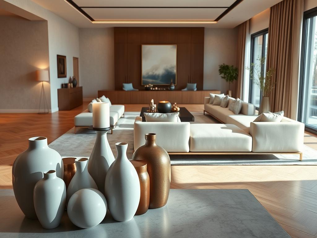 A refined, elegant designer décor scene in a high-end interior setting. The foreground features an artfully arranged vignette of premium decorative objects - sleek ceramic vases, minimalist candle holders, and sculptural metal accent pieces. The middle ground showcases a modern, monochromatic furniture arrangement with clean lines and luxurious upholstery. The background depicts a neutral, light-filled room with large windows, warm wooden floors, and subtle textural wall treatments, creating a serene, sophisticated ambiance. Warm, natural lighting casts a soft glow throughout, accentuating the premium materials and careful curation of the designer décor pieces. A refined, elegant designer décor scene in a high-end interior setting. The foreground features an artfully arranged vignette of premium decorative objects - sleek ceramic vases, minimalist candle holders, and sculptural metal accent pieces. The middle ground showcases a modern, monochromatic furniture arrangement with clean lines and luxurious upholstery. The background depicts a neutral, light-filled room with large windows, warm wooden floors, and subtle textural wall treatments, creating a serene, sophisticated ambiance. Warm, natural lighting casts a soft glow throughout, accentuating the premium materials and careful curation of the designer décor pieces.