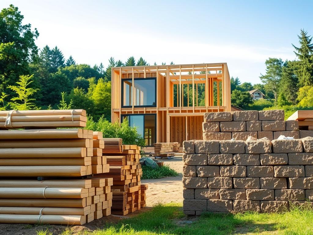 A serene and eco-friendly residential construction site, showcasing a variety of sustainable building materials. In the foreground, neatly stacked wooden beams, bamboo panels, and compressed earth bricks stand as examples of environmentally-friendly alternatives to traditional construction. The middle ground features the partially-built frame of a modern, energy-efficient house, with large windows that invite natural light. In the background, lush greenery and a clear blue sky create a harmonious, natural setting, conveying a sense of balance and sustainability. The scene is illuminated by warm, diffused sunlight, casting soft shadows and highlighting the natural textures of the materials. An overall atmosphere of environmental consciousness and responsible building practices. A serene and eco-friendly residential construction site, showcasing a variety of sustainable building materials. In the foreground, neatly stacked wooden beams, bamboo panels, and compressed earth bricks stand as examples of environmentally-friendly alternatives to traditional construction. The middle ground features the partially-built frame of a modern, energy-efficient house, with large windows that invite natural light. In the background, lush greenery and a clear blue sky create a harmonious, natural setting, conveying a sense of balance and sustainability. The scene is illuminated by warm, diffused sunlight, casting soft shadows and highlighting the natural textures of the materials. An overall atmosphere of environmental consciousness and responsible building practices.
