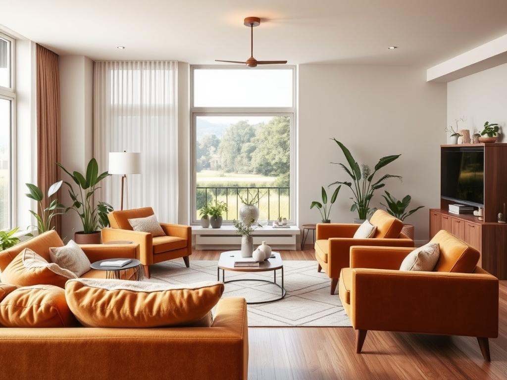 A serene and well-appointed living room showcases the latest in modern wohndesign. Plush, mid-century inspired furniture in warm, earthy tones fills the foreground, accented by sleek, contemporary lighting fixtures that cast a soft, natural glow. The middle ground features a minimalist, geometric rug and a large window that floods the space with soft, diffused daylight, framing an idyllic outdoor scene in the background. Potted plants and carefully curated decor elements add touches of greenery and personality, creating a harmonious, welcoming atmosphere that embodies the essence of thoughtful, modern living space design. A serene and well-appointed living room showcases the latest in modern wohndesign. Plush, mid-century inspired furniture in warm, earthy tones fills the foreground, accented by sleek, contemporary lighting fixtures that cast a soft, natural glow. The middle ground features a minimalist, geometric rug and a large window that floods the space with soft, diffused daylight, framing an idyllic outdoor scene in the background. Potted plants and carefully curated decor elements add touches of greenery and personality, creating a harmonious, welcoming atmosphere that embodies the essence of thoughtful, modern living space design.