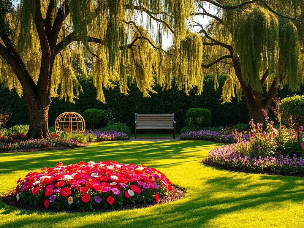 A serene garden oasis, bathed in warm golden light, the lush foliage and vibrant blooms creating a tranquil haven. In the foreground, a well-manicured lawn leads the eye towards a meticulously designed flower bed, its array of colorful petals bursting with life. In the middle ground, a thoughtfully placed garden bench invites visitors to pause and immerse themselves in the beauty of the surroundings. Framing the scene, towering trees with gently swaying branches provide a verdant backdrop, casting soft shadows that add depth and dimension. The overall atmosphere exudes a sense of harmony and balance, reflecting the expertise and guidance of a professional gardener's touch.