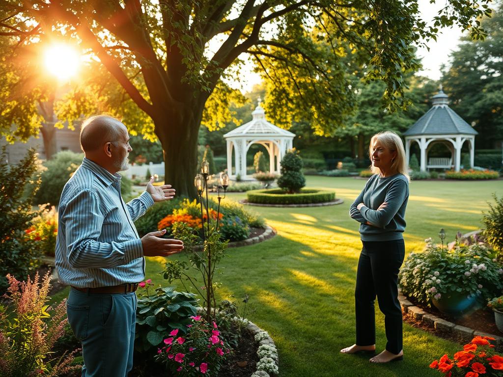 A serene garden oasis with a professional consultant guiding a client through lush foliage and meticulously designed flowerbeds. The afternoon sunlight filters through the canopy of trees, casting a warm glow across the scene. In the foreground, the consultant gestures expressively, discussing layout options and plant selections. The client listens intently, their faces reflecting the tranquility of the setting. In the background, a well-manicured lawn leads the eye towards a charming gazebo, hinting at the possibilities for this tailored outdoor space. The overall composition radiates a sense of expertise, thoughtfulness, and the promise of a beautiful, harmonious garden design.