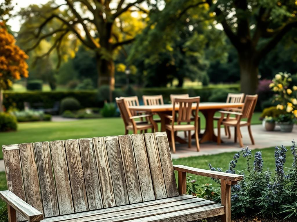 Gartenmöbel aus Holland: Ihr Schlüssel zu Wohlfühlmomenten - Garten & Outdoor Living - A serene garden scene showcasing a set of high quality weathered Dutch garden furniture. In 1