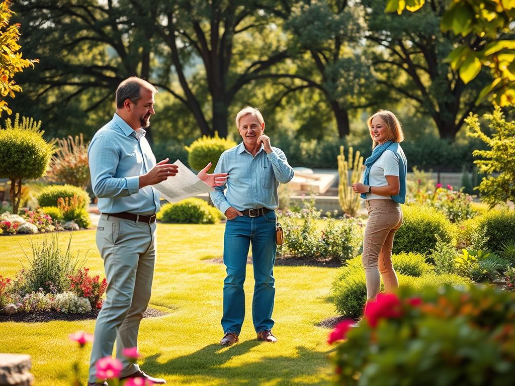 A serene garden setting, bathed in warm sunlight, with a professional horticulturist consulting with a homeowner. The foreground features a lush, well-manicured lawn, interspersed with vibrant flower beds and neatly pruned shrubs. In the middle ground, the horticulturist, dressed in a crisp button-down shirt and khakis, gestures animatedly while reviewing landscape plans with the homeowner, who listens intently. The background showcases a picturesque backdrop of mature trees, creating a sense of tranquility and natural harmony. The overall scene conveys a sense of expertise, collaboration, and the successful outcome of a productive garden consultation.