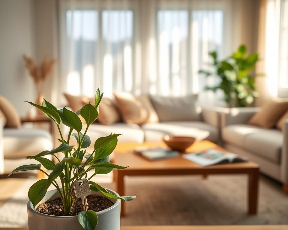 A serene interior scene depicting a cozy, well-lit living room, emphasizing the clever hiding of house keys. In the foreground, a decorative potted plant conceals a bright, shiny key partially hidden amongst its leaves. The middle ground features a wooden coffee table with a decorative bowl and a few scattered magazines, subtly hinting at a welcoming, lived-in space. In the background, soft sunlight streams through sheer curtains creating warm, inviting shadows across the room. The atmosphere is tranquil, promoting a sense of security and home. To enhance the realism, use a soft focus lens effect, capturing intricate details of the keys and the gentle textures of the furnishings, evoking a sense of safety and careful consideration.