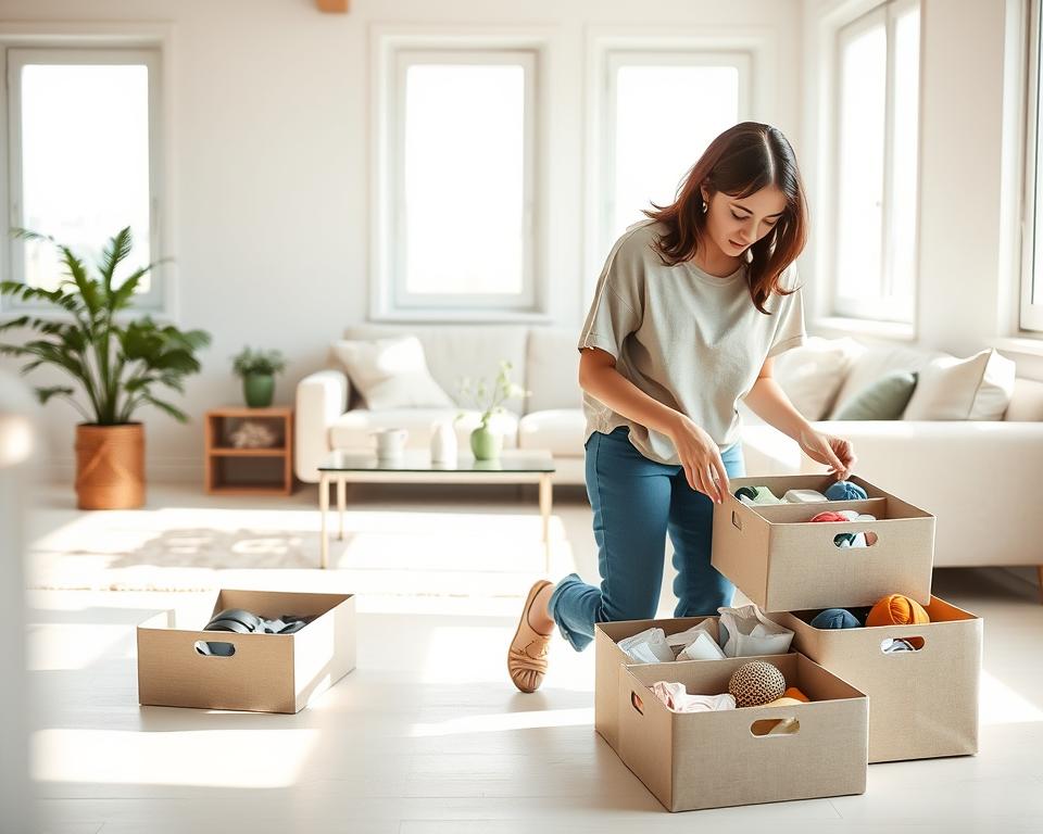 A serene living room scene that embodies minimalist living, focusing on the process of decluttering. In the foreground, a young adult woman in modest casual clothing is carefully sorting through stylish, open storage boxes filled with various small household items. The middle ground features a simple, light-colored sofa and a small coffee table, adorned with a single green plant, all surrounded by a clean, unobstructed floor. In the background, large windows let in soft, natural light, illuminating the airy space, with subtle shadows adding depth. The overall mood is calm and organized, evoking a sense of tranquility and freedom associated with minimalist living. Use bright, pastel hues to enhance a fresh, inviting atmosphere.