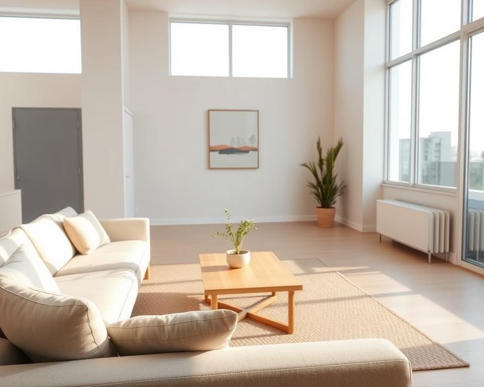 A serene, minimalist apartment interior showcasing an open and airy layout. In the foreground, a sleek, low-profile couch adorned with neutral-toned cushions invites relaxation. In the middle, a simple wooden coffee table sits next to a small potted plant, emphasizing a connection to nature. The background features large, floor-to-ceiling windows that allow soft, natural light to flood the space, casting gentle shadows. Subtle decorative elements like a single abstract painting on the wall and a cozy rug underneath enhance the minimalist aesthetic. The overall atmosphere is tranquil and uncluttered, evoking a sense of freedom and simplicity in living. Use a wide-angle lens to capture the spaciousness and warm tones throughout the room.