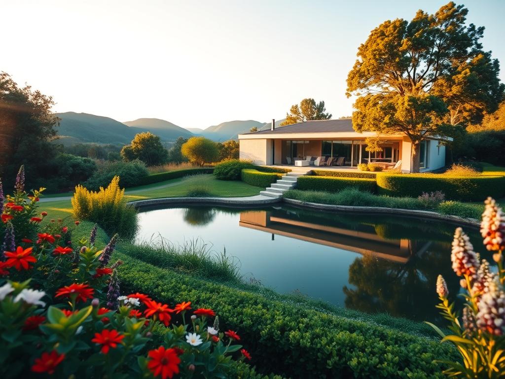 A serene, modern house nestled in a lush, verdant landscape. The exterior features clean lines, large windows, and a minimalist aesthetic, bathed in warm, golden sunlight. In the foreground, a well-manicured garden with vibrant flowers and neatly trimmed hedges. The middle ground showcases a tranquil pond, its still waters reflecting the surrounding foliage. In the background, rolling hills and a cloudless sky, creating a sense of peaceful seclusion. The overall composition conveys a harmonious balance between the built environment and nature, inspiring a feeling of comfort and relaxation. Captured through a wide-angle lens, this image offers a picturesque vision of a dream home.