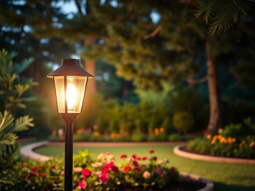 A serene outdoor scene featuring a well-designed outdoor lamp. In the foreground, a modern and stylish lamp post casts a warm, inviting glow over the surrounding area. The middle ground showcases a neatly manicured garden with vibrant flowers and lush greenery, creating a harmonious natural setting. In the background, the silhouettes of tall trees sway gently, framing the scene and adding depth. The lighting is soft and atmospheric, creating a cozy and welcoming ambiance. The overall composition highlights the functional and aesthetic benefits of outdoor lighting, perfectly capturing the essence of the "Outdoor Lampe" section.